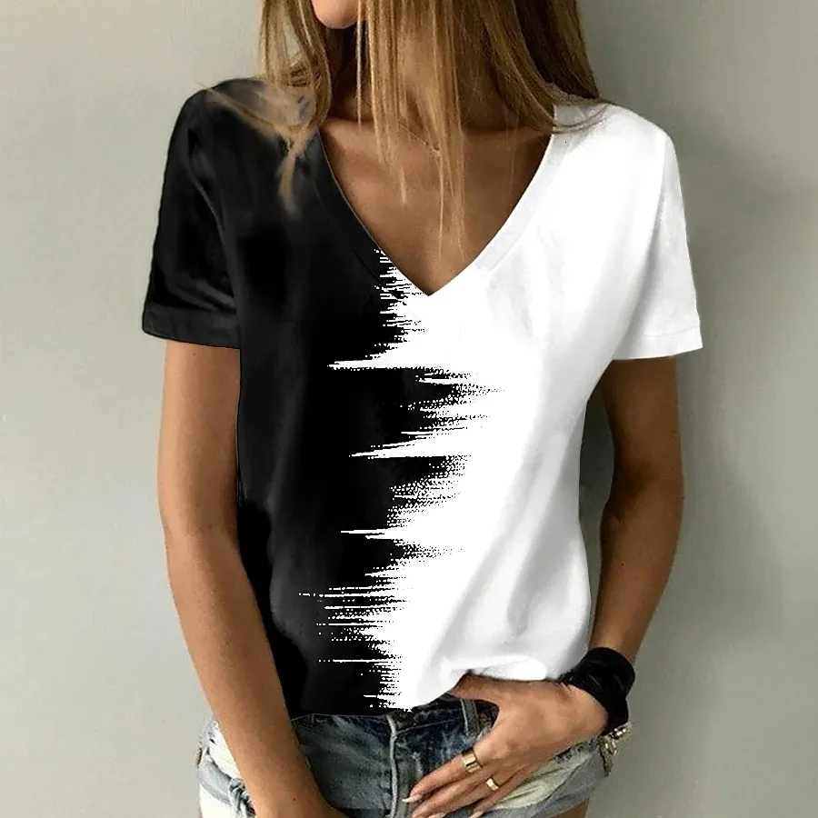 Calças de duas peças de duas peças abstrato 3D camiseta feminina Moda de verão Basic V Neck Sweatshirt solto 230224