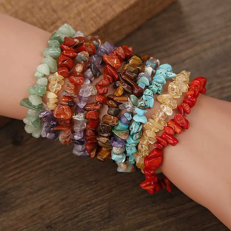 Link Chain 12pc Natural Gem Stone Bracelet Irregular Crystal Stretch Chip Beads Nuggets Bracelets Bangles Quartz Wristband for Women G230222