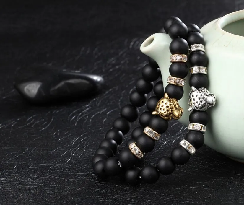 Charm Bracelets Grind Arenaceous Black Lava Rock Hand String Of Beads Leopard Lion Crystal Set Auger Stretch Bracelet