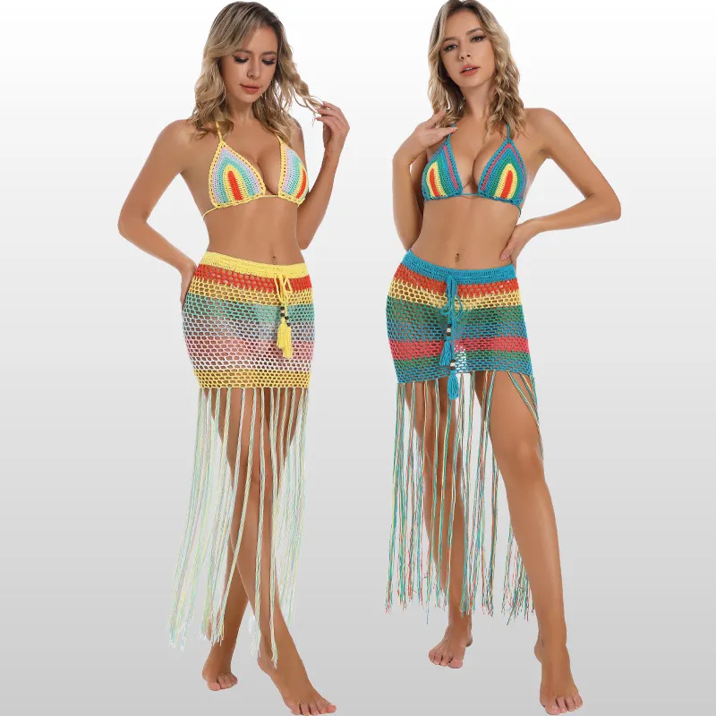 Boho Virkad Dam Baddräkt Matchande Set Frans Färgglad Sexig BH kjol 2 delar Set Badkläder Backless Beach Outfit Sommar