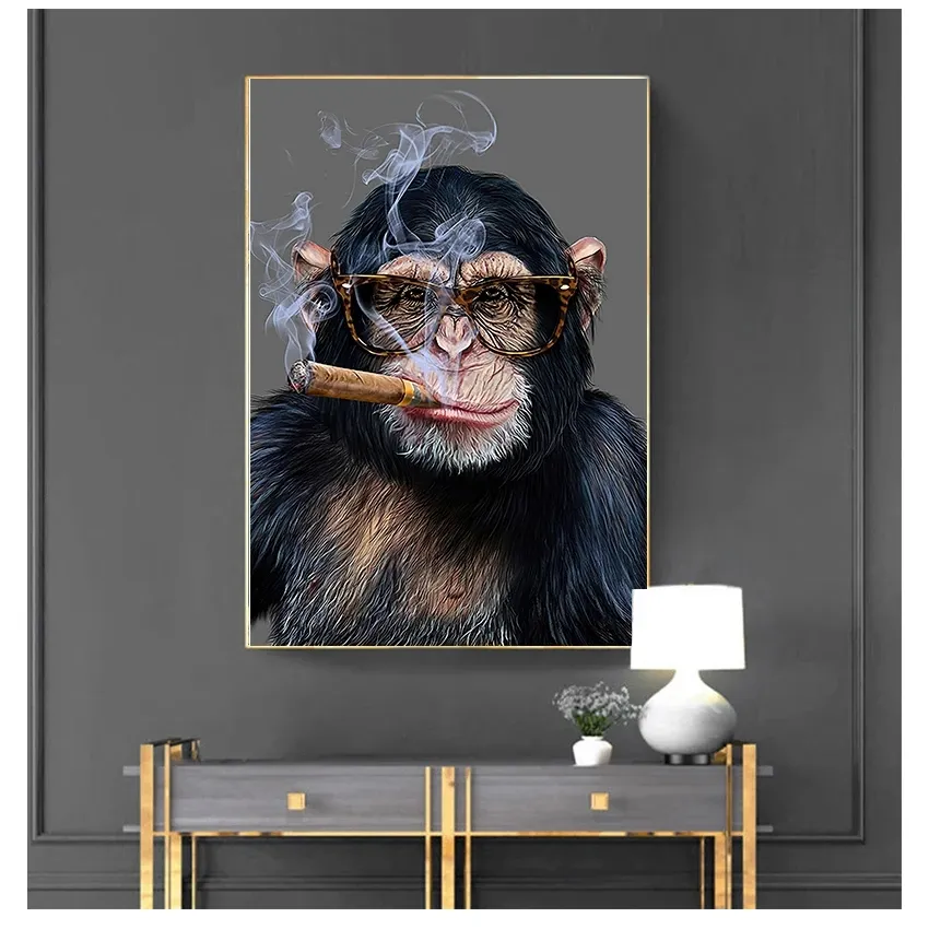 Canvas Painting Posters and Prints Street Art Animal Wall Art Pictures for Living Room Abstract Smoking Monkey and Gorilla Woo
