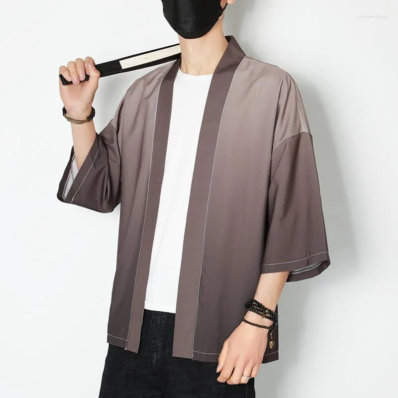 Men's Casual Shirts 2023 Plus Size Men Kimono Japanese Fashion Summer Streetwear Clothing Plain Color 3/4 Sleeve Cardigan Shirt For Man