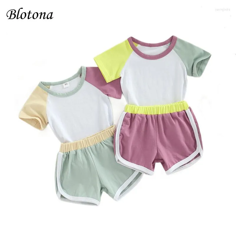 Kleidungssets Blotona Baby Boys Girls Zwei-teilige Hosenanzug runden Hals Patchwork-T-Shirt und elastische Taillenshorts für den Sommer 0-3 Jahre