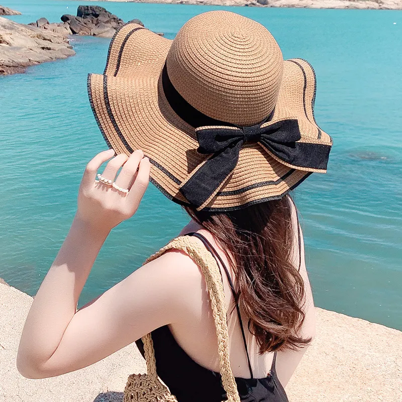 Fashion Foldable Sun Hats For Women Wide Brim Adjustable Back With A Bow Pearl Summer Sombreros Ladies Beach UA Straw Visors Packable Fishing Cap Beige White Khaki