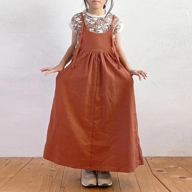 Flickaklänningar Retro Brick Orange Cotton and Linen Suspender Dress for Girls Summer Justerbar rem Långt Casual Beach TZ234