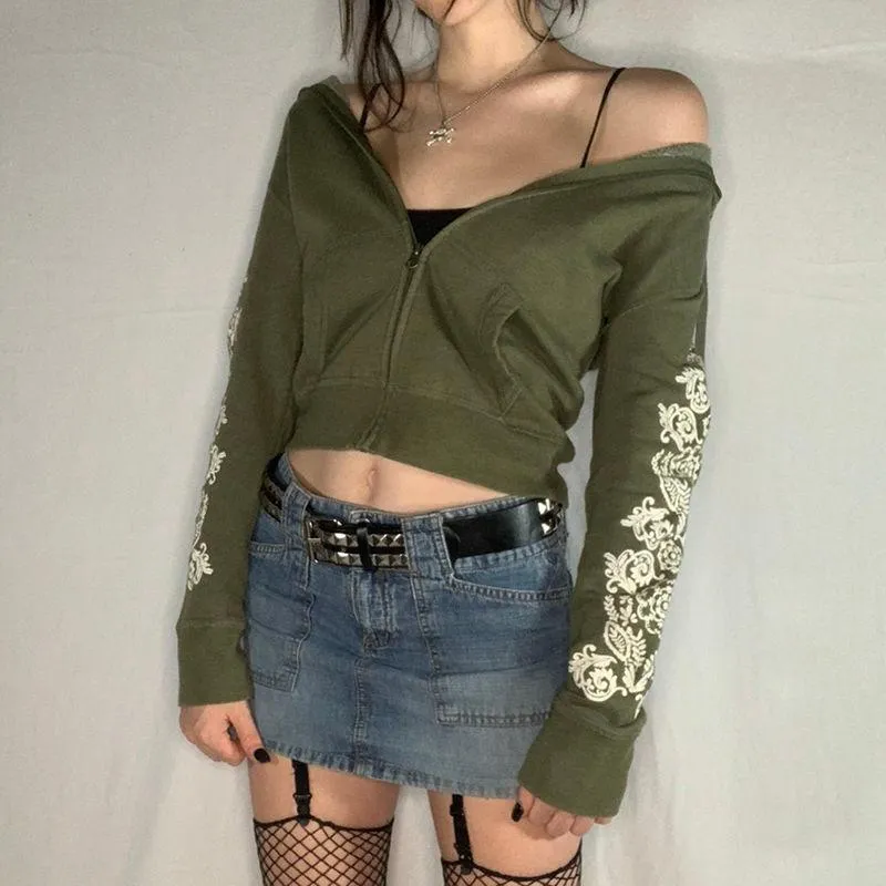 Women's Hoodies & Sweatshirts 90s Vintage Y2K Flower Print Zip Hooded Jacket Women Harajuku Casual Streetwear Sexy Girl Trendy Short Sweatsh