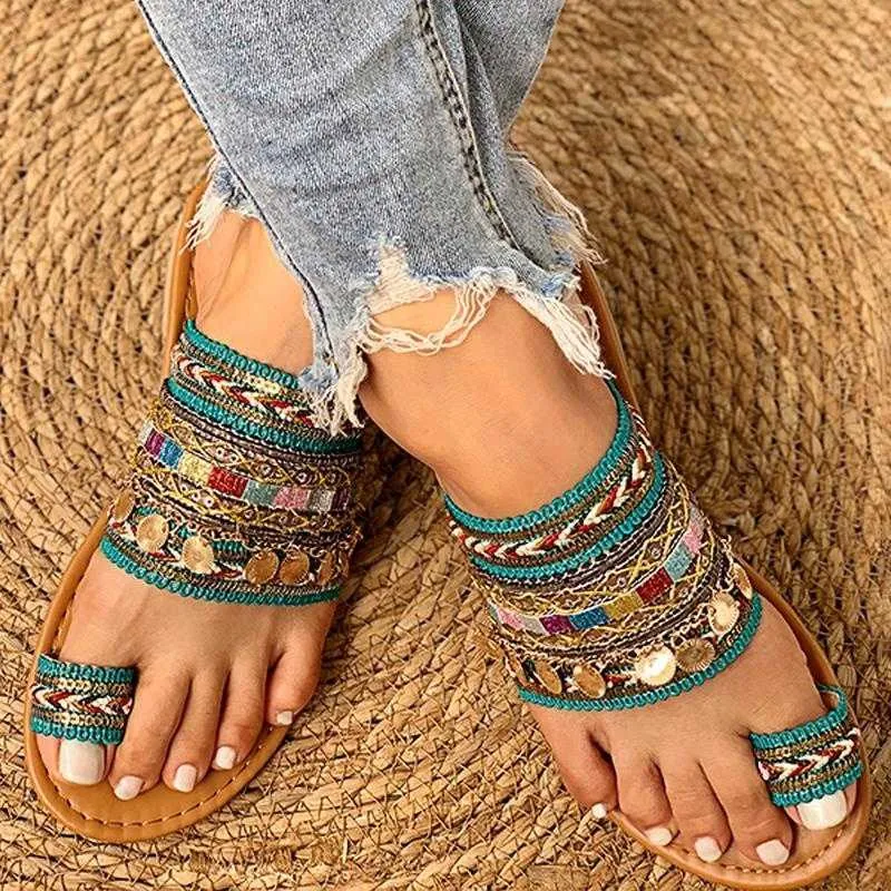 Sandalen Frauen Schuh Sommer griechischer Stil Boho Folk-Kunden handwerkliche Damen flache Pantoffeln lässig atmungsaktiv bequemer Strand Y2302