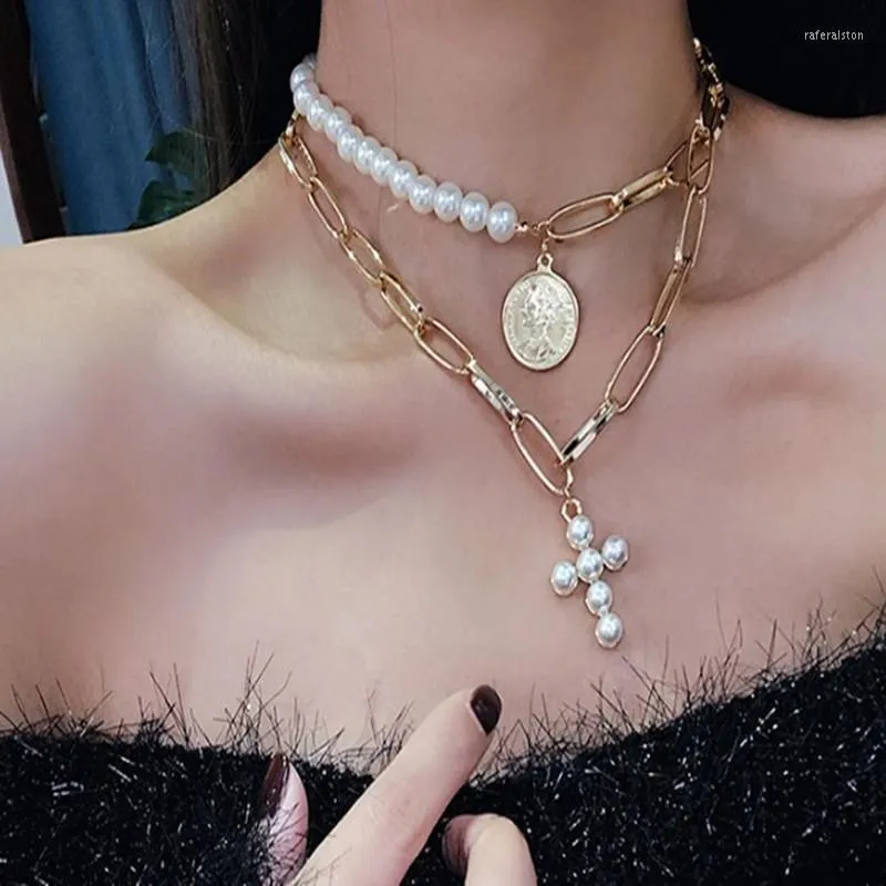 Collares colgantes De moda perlas De imitación gargantilla collar Cruz femenina para mujer moneda De Color dorado joyería Collares De Moda 2023