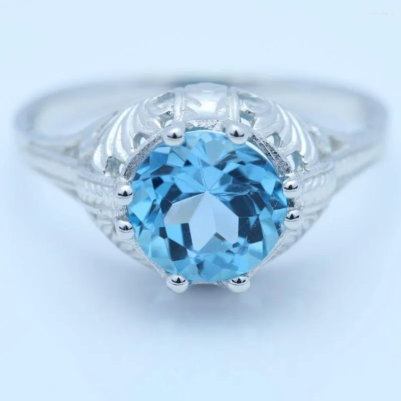 Pierścienie klastrowe Certyfikowane runda 2CT oryginalne niebieskie topazowe solidne 14 -krotnie białe złoto zaręczyny dla kobiet modne biżuterię ślubne