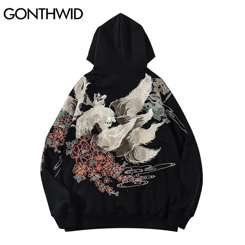 Erkek Hoodies Sweatshirts Gonthwid Japon sokak kıyafeti kapüşonlu hip hop sweatshirt işlemeli kapüşonlu erkek harajuku pamuklu kazak siyah 230223