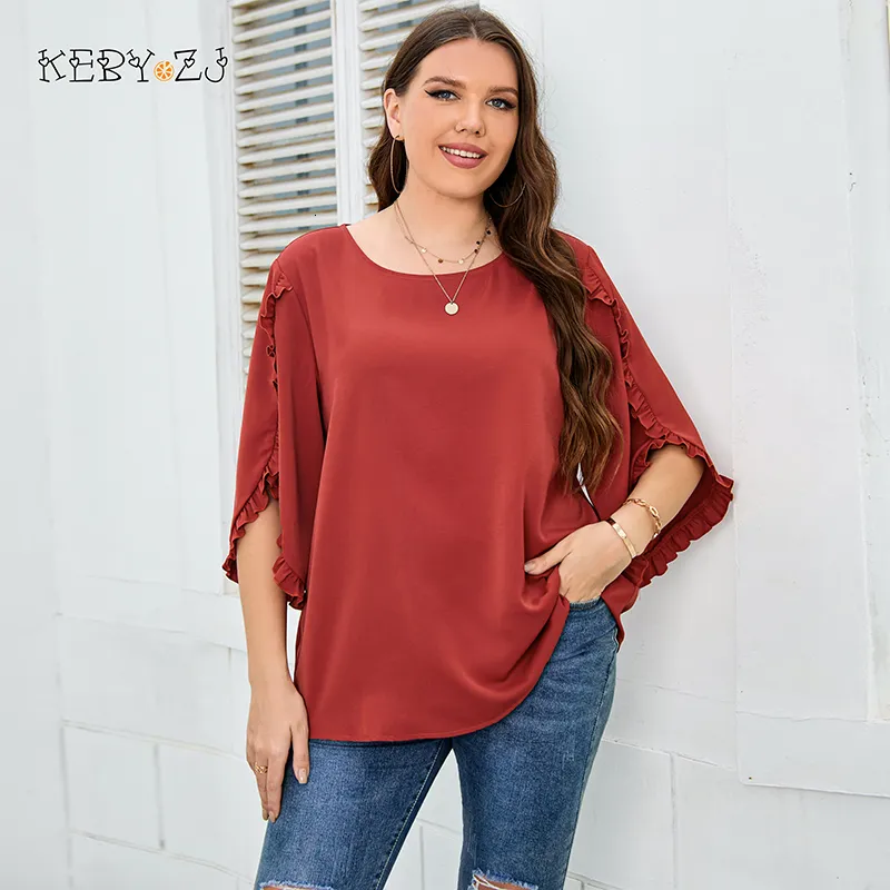 T-shirt grande taille femme KEBY ZJ grande taille col rond orange rouge solide chemisier en mousseline de soie femmes printemps été manches fendues lâche doux décontracté dames hauts chemisiers 230224