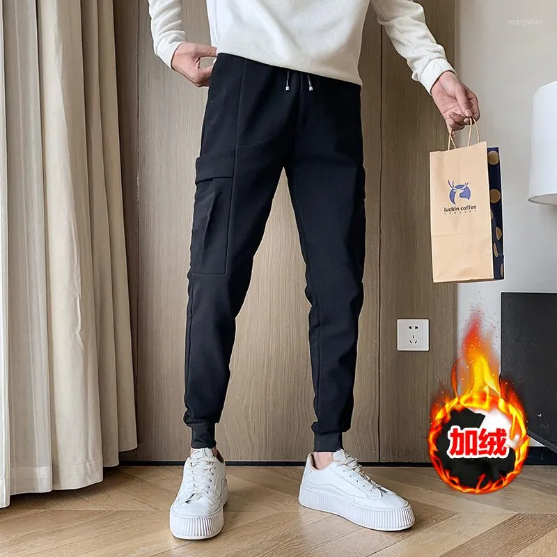 Männer Hosen Herbst Winter Dicke Warme Casual Cargo Für Männer Kleidung 2023 Einfache Slim Fit Seitentaschen Hip Hop Joggers hosen Schwarz 36