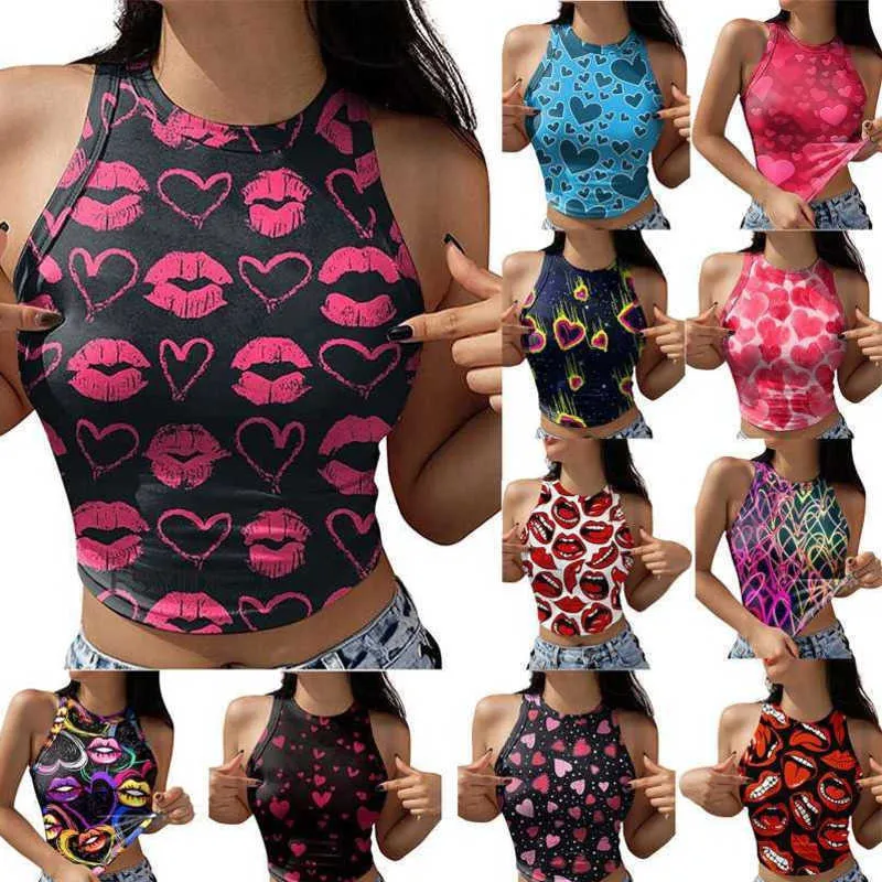 2023 Summer Tops Women Clothing Printed Round Neck Sleeveless Vest Casual Open Navel Blouse 10 Color