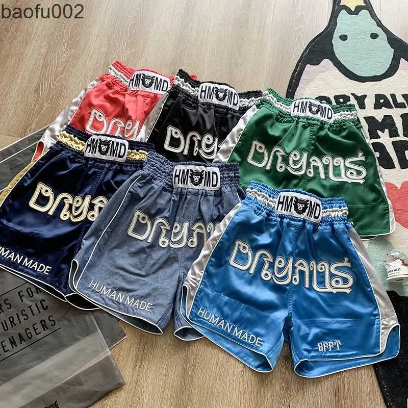 Shorts masculinos 2022Ss Human Made Fashion Shorts Men 1 1 de alta qualidade bordados boxer mulheres esportes casuais shorts de basquete reta W0224