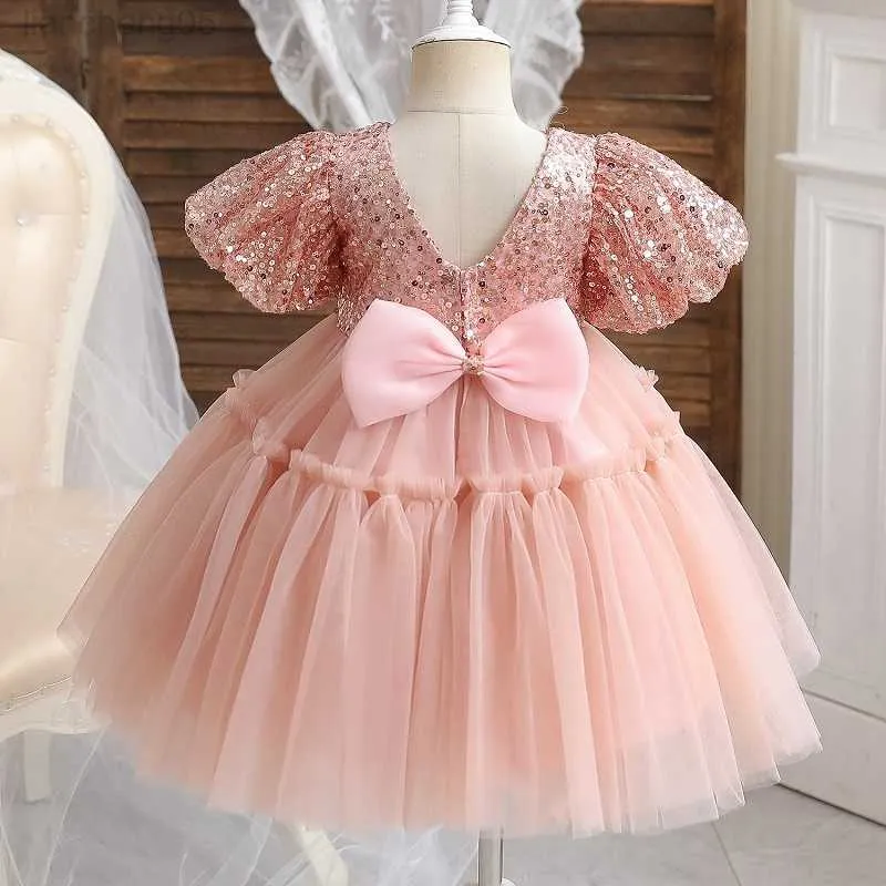 Girl's Dresses Girls 'paljett Bubble Sleeve Princess Kjol 2023 Ny high-end mode Sweet Puffy kjol Banket värd Baby Birthday Party Dress W0224