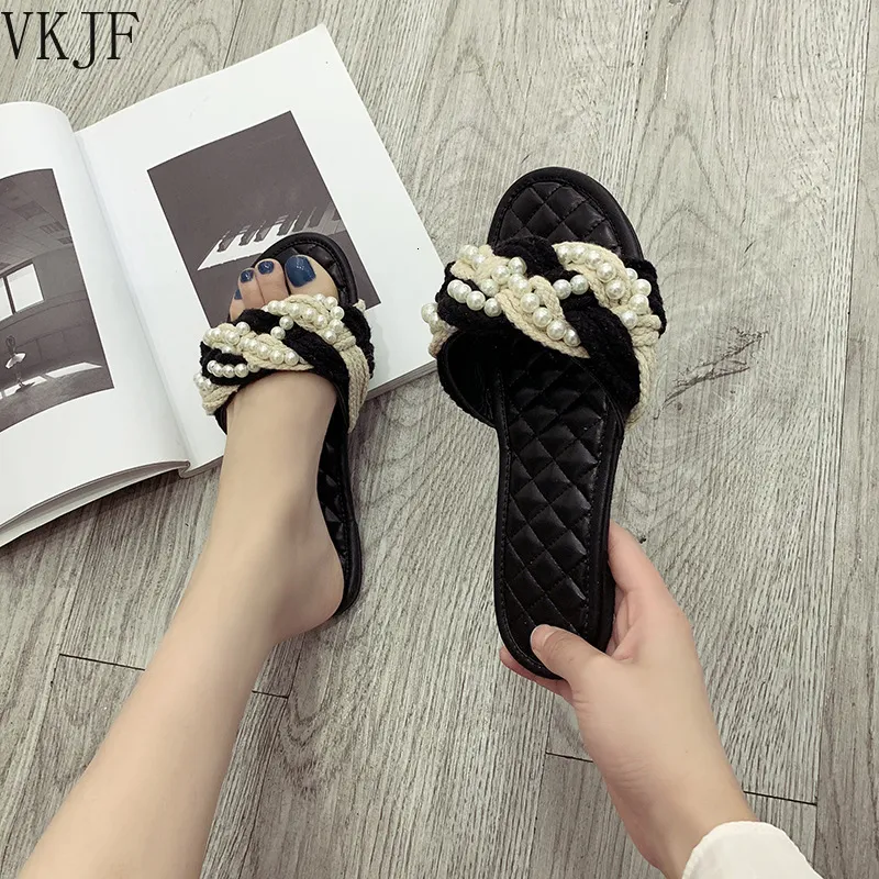 Slippers Summer Women Trend Weaving Pearl Flip Flop Sandals Girls Beach Open Toed Luxury Designer Casual Soft Flats Slipper 230224