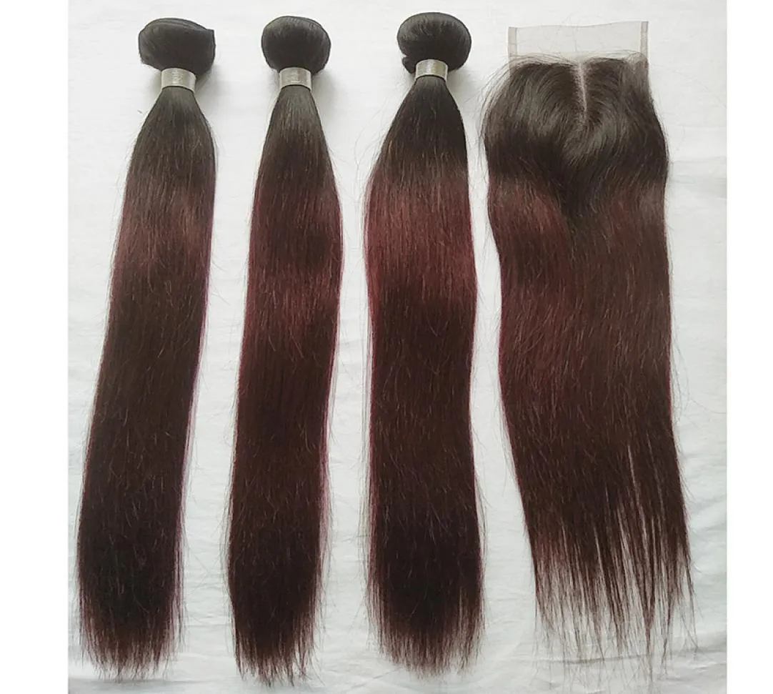 T 1B 99J Ombre Pacotes de Cabelo Colorido com Fechamento Vinho Escuro Cabelo Humano Liso 3 Pacotes com 4x4 Parte Média Fechamento de Renda Extensi5591162