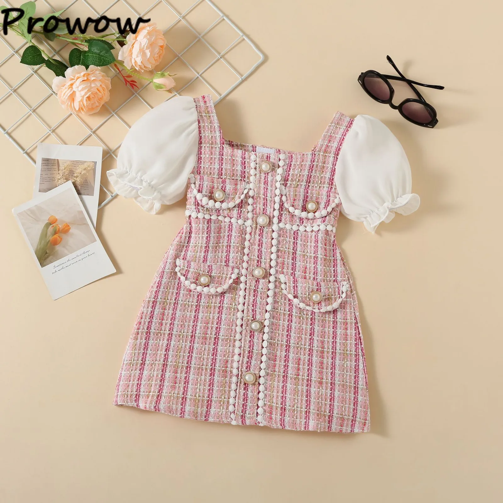 Flickor klänningar Prowow 1 7y Summer Children Girls Puffy Sleeve Pink Tassel Beading Tweed Dress for Baby Kids Clothes 230224