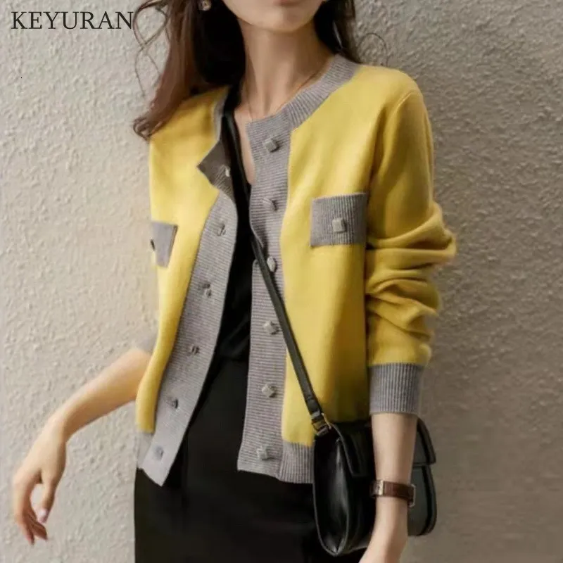 Women's Knits Tees Fashion Women's Knitted Cardigan Autumn Winter Color Matching Jacket Short Design Yellow Cashmere Cardigan Sweater Coat 230223