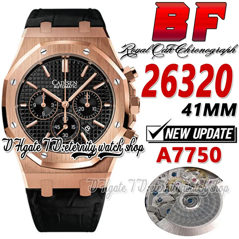 BFF V3 bf26320 Montre pour homme ETA A7750 Chronographe automatique Cadran à texture noire Marqueurs de bâton Boîtier en or rose Bracelet en cuir Super Edition Chronomètre d'éternité Montres