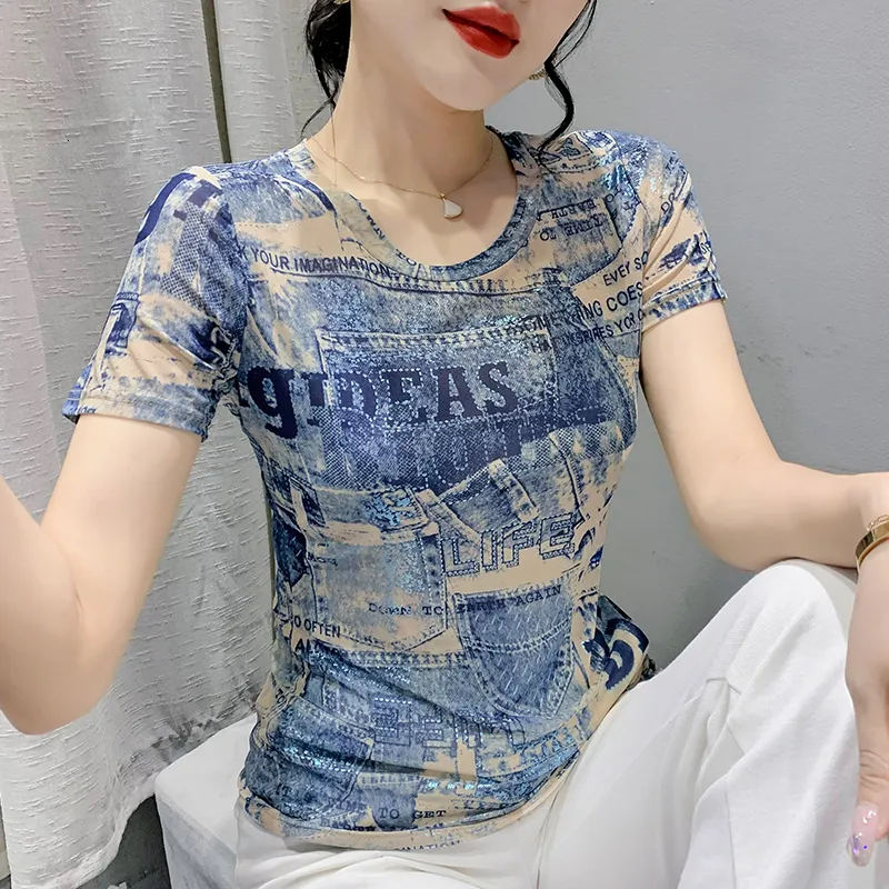 Kvinnors tvåbitar byxor 2023 Summer Vintage Clothes Mesh Slim Tshirt mode Sexig Oneck Print Letter Tops Kort ärm Blusa Tight Tees 32208 230224