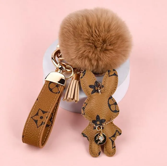 Bunny Design Key Chains Ring Pompom Ball Rabbit Bag Pendant Charm Keyring Buckle Gift Jewelry Accessories PU Leather Brown Flower Animal Lanyard Car Keychain Holder