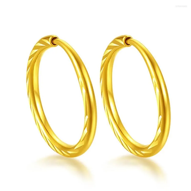 Hoop Earrings Pure 999 24K Yellow Gold Earring Women Lucky Craved Circle 1.2g