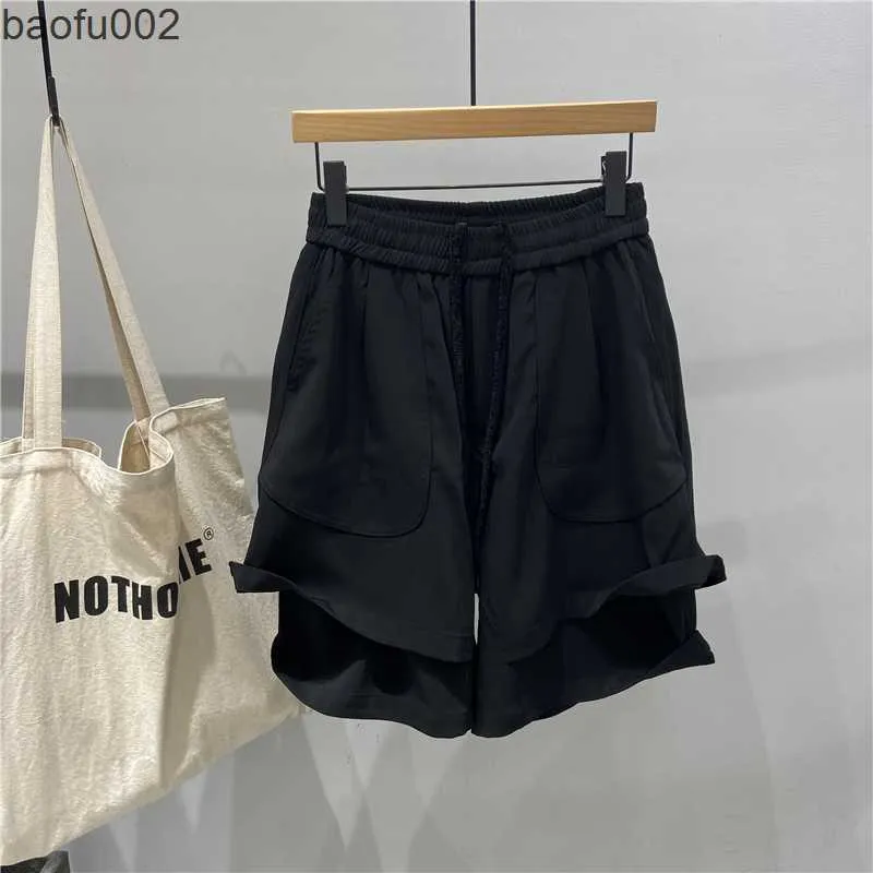 Mäns shorts 2021 Summer Trendy Men's Elastic Tether Casual Shorts Original Personlighet Dark Wind Fake Two-Piece Thin Pants W0224