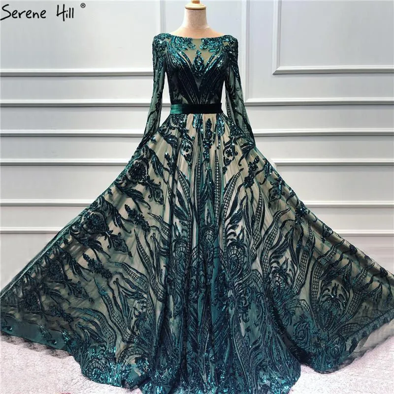 Party Dresses Green Sequined Luxury Fashion Evening Long Sleeves Lace Up A-Line Gowns 2023 Serene Hill LA60799