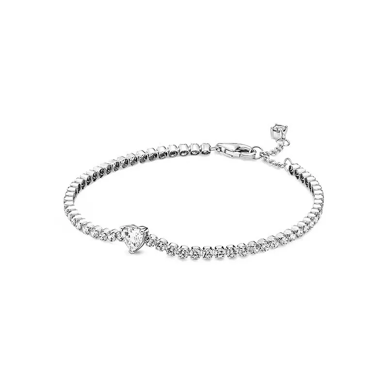 -925 Sterling Silver Dangle Charms Van Pandoradi`s New Mini Tennis Bracelet Rose Gold Glittering Heart Ornament Adjustable Pull