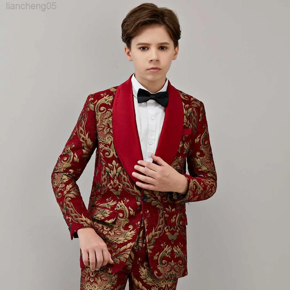 Kledingsets Boy's Come Baby Suits Children Wedding For Boys Blazer Kids Prom Formal Dessen Evening Jurken 2 Stcs Wine Red Jacquard Rapel W0224