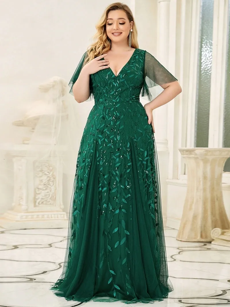 Robes de soirée grande taille robes de soirée longue A-LINE col en V demi-manches parole longueur robe Ever Pretty of Dark Green Prom Women Dress 230223