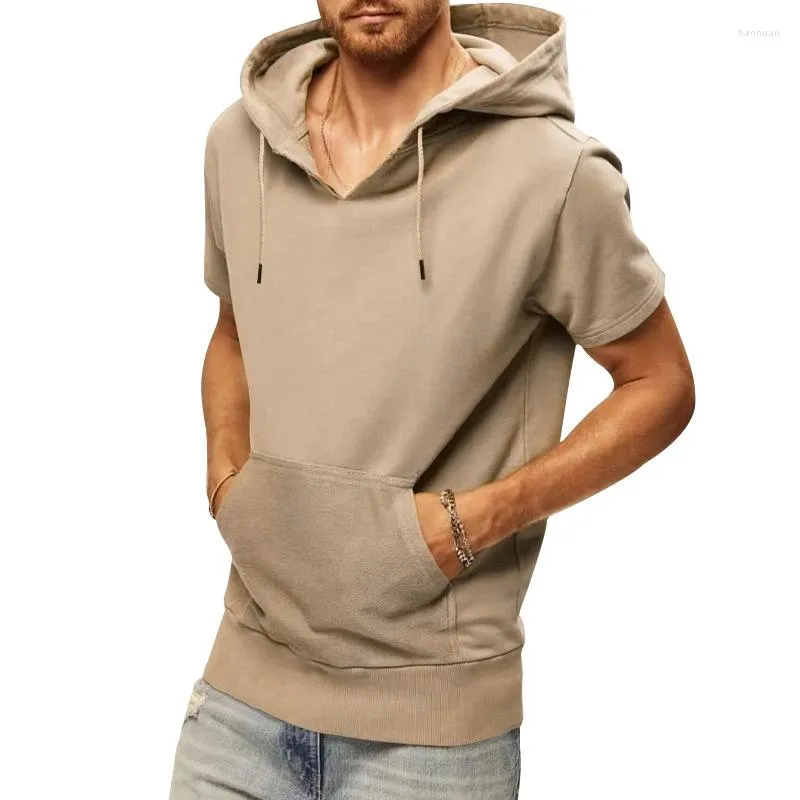 Hommes sweats à capuche décontracté Simple couleur unie sweat à capuche ample hommes 2023 printemps été loisirs manches courtes col en V à capuche T-shirt hommes vêtements