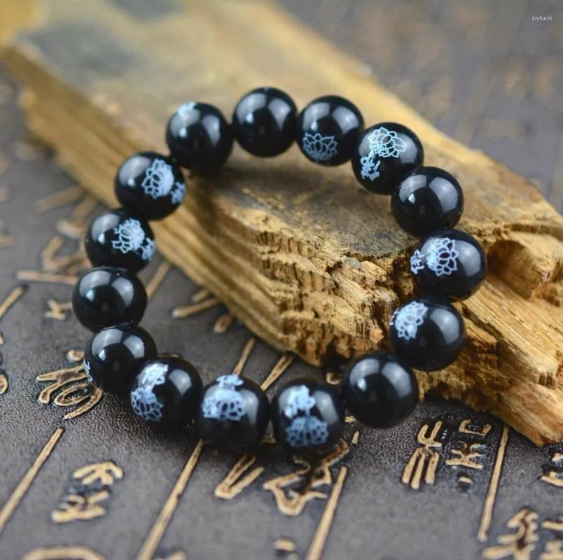 Strand Accept Drop High Quality Obsidian Buddhist Word Lotus Bracelet To Ward Off Evil Protection Safe And Prosperous Fortune