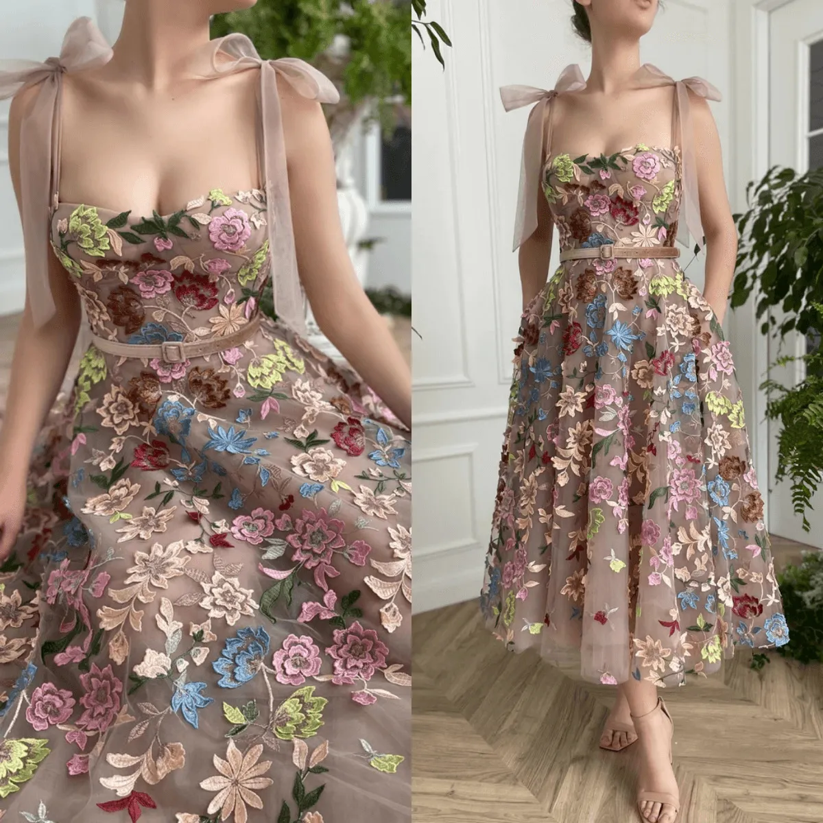 Festklänningar 153#Iena Floral broderi spets midi prom älskling bågband te-längd a-line bröllop med fickor 230224