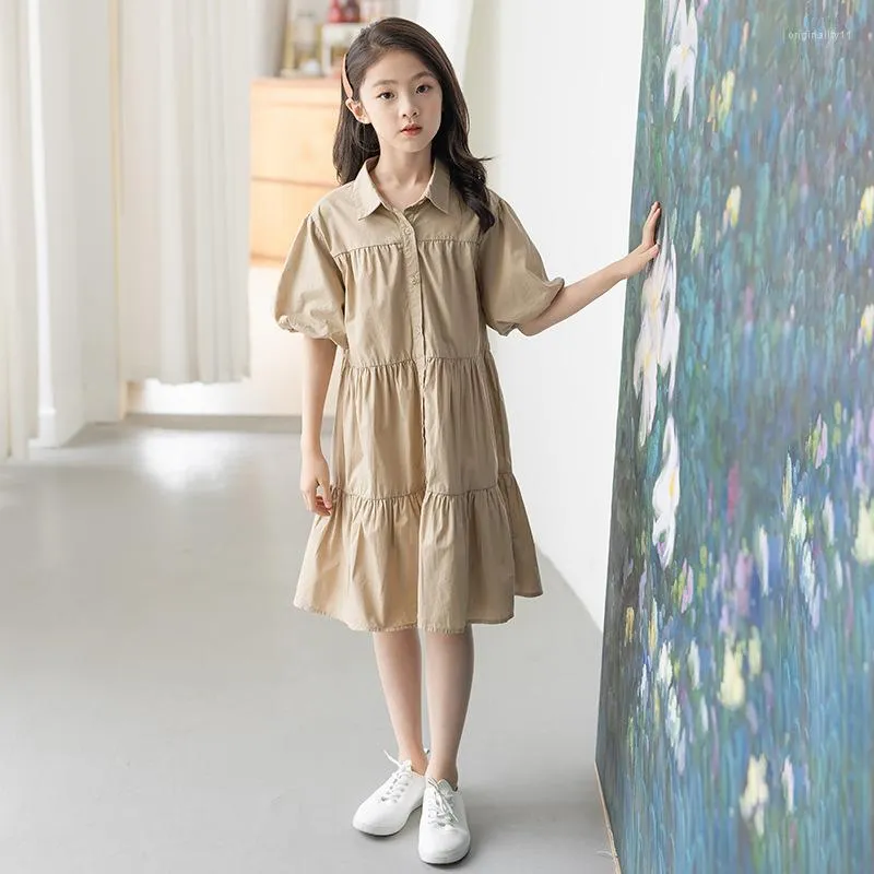 Girl Dresses 6 To 16 Years Kids Cotton Dress 2023 Girls Buttons Teen Children Clothes Baby Summer Puff Sleeve #6251