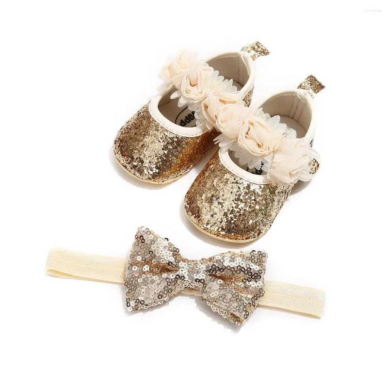 First Walkers Sequins Baby Girls chaussures en cuir en tout-petit né Walker Bow-knot Soft Sole Hook Bloop Fleur Bling Princess Shoe