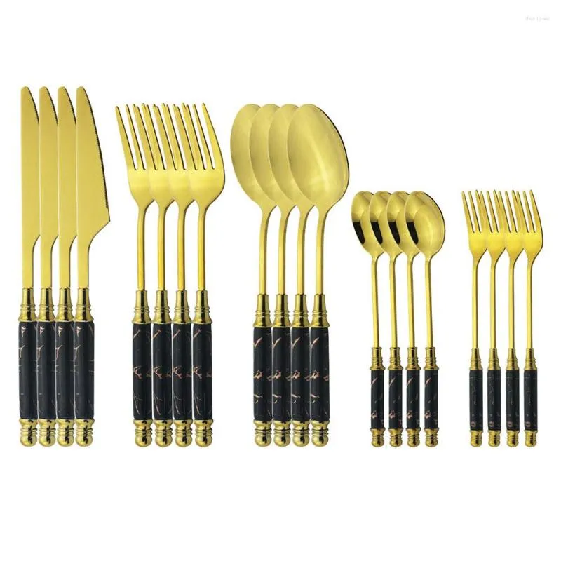 Servis uppsättningar svart guld kök bordsvaror keramikhandtag tårta gaffel te skedar knivar set rostfritt stål bestick middag