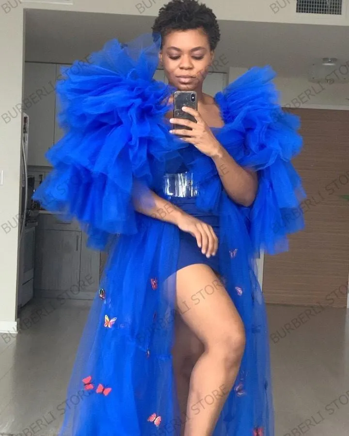 Abiti casual Sexy See Thru Royal Blue Tulle Abito da sera lungo Ruffles Abiti da ballo per donne Maniche a sbuffo a strati per feste incinte