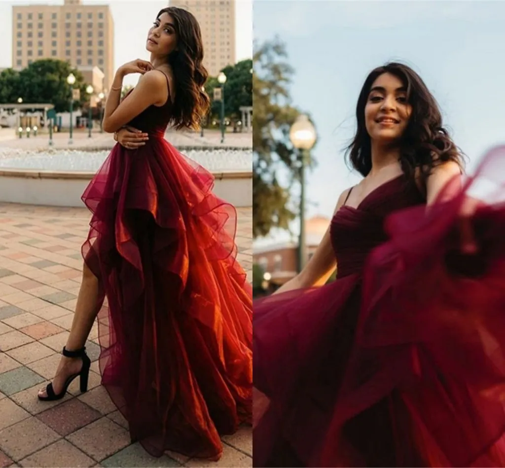 Burgundy Asymmetrical Layered Tulle Prom Dress With Spaghetti Straps Plus  Size A Line Evening Gown For Womens Party And Cocktail Dress BC15128 From  Toysmall666, $120.85