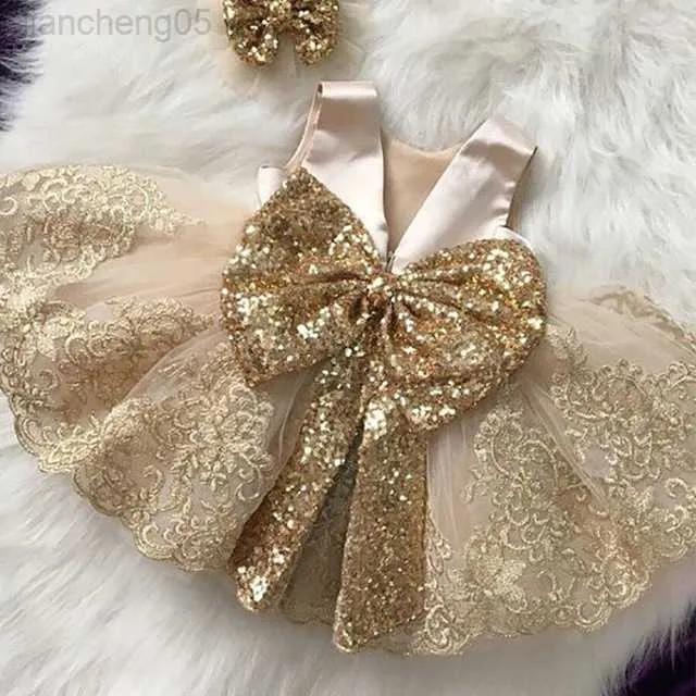 Girl's jurken gouden pailletten baby doopjurken tulle prinses jurk evenement feestje dragen 1 jaar babymeisje verjaardag jurken baby doop jurk w0224