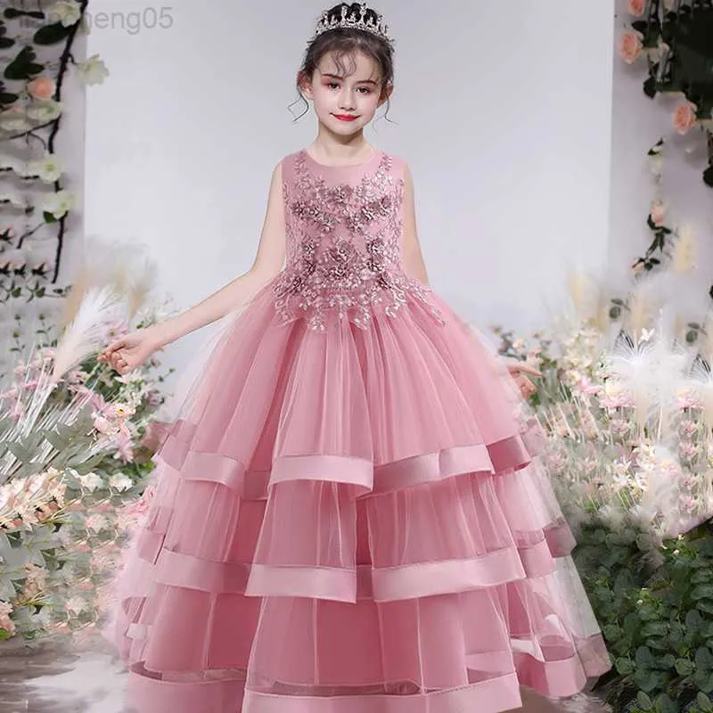 Girl's jurken Summer Girls Pageant Pink Flower Princess Party Durk Elegant Kinder kinderen Bruidsmeisje Kleding Evening Wedding Promvestidos W0224