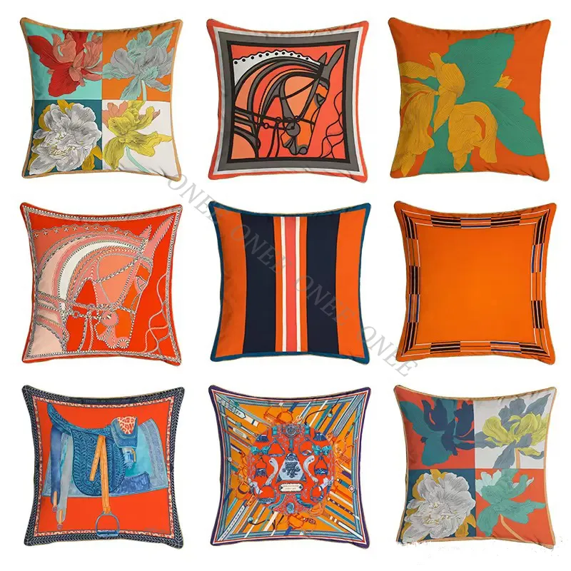 45*45cm Orange Series Cushion Cover Horse Flower Printed Pillowcase Sofa Pillow Cushion