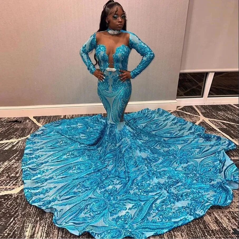 Blue Mermaid African Black Girl Evening Dresses Sequin Crystal Belt Pageant Prom Gown Sweep Train Cut Out Vestidos de Soiree