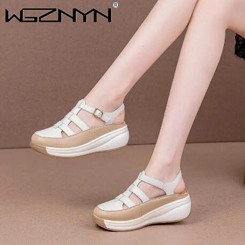 Sandals 2022 Chunky Sandals Women's Genuine PU Leather Round Toe Platform Fashion Sneaker Summer Thick Sole Oxfords Casual Shoes Comfort Z0224