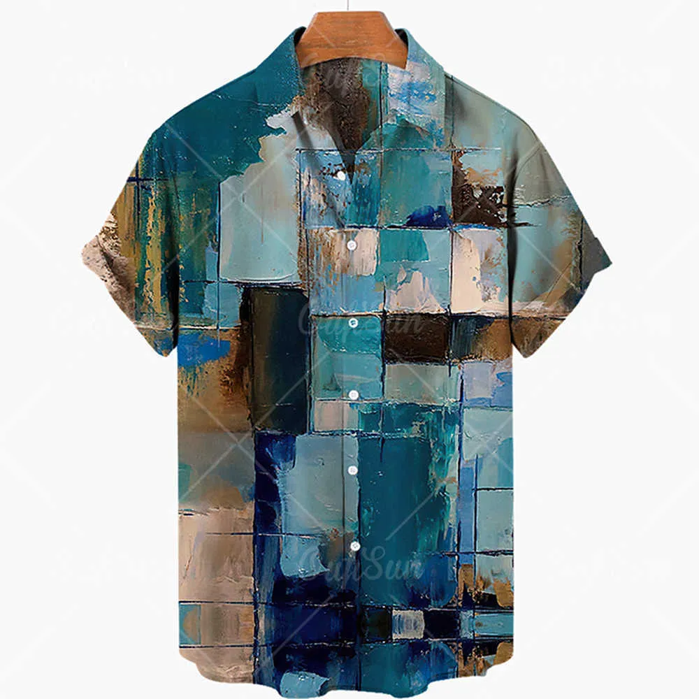 Mäns avslappnade skjortor Ny sommaroljemålning 3D Beach Hawaii 2022 Summer Shirt Kort ärm T-shirt Street Clothing Oversize Camisa Social Chemistry Men Z0224