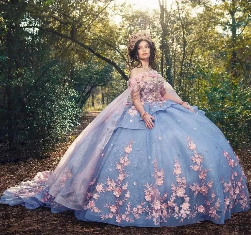 Vestidos De quinceañera De princesa De encaje azul cielo con gorro con cuentas florales Charro Vestidos mexicanos De 15 Anos vestido De desfile dulce 16