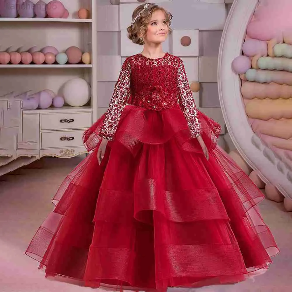 Vestidos de menina Garota formal Flor Princesa Vestido Para Casamento Casa Red Nottom Christmas Night Dress Fluffy Prom Distras