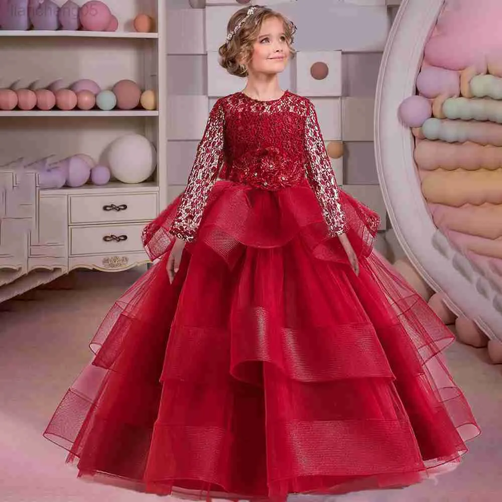 Mädchenkleider, formelles Mädchen-Blumen-Prinzessin-Kleid für Hochzeit, elegantes rotes Weihnachtsabend-Abschlussballkleid, Teenager-Festzug, Schleife, Partykleid W0224