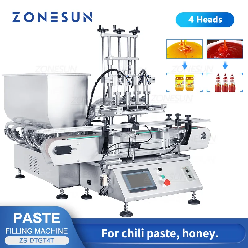 Zonesun ZS-DTGT4T Automatisk pasta påfyllningsmaskin Pneumatisk kolvpumpflaska Honung Pasta Hand Sanitizer Liquid Jar Filler